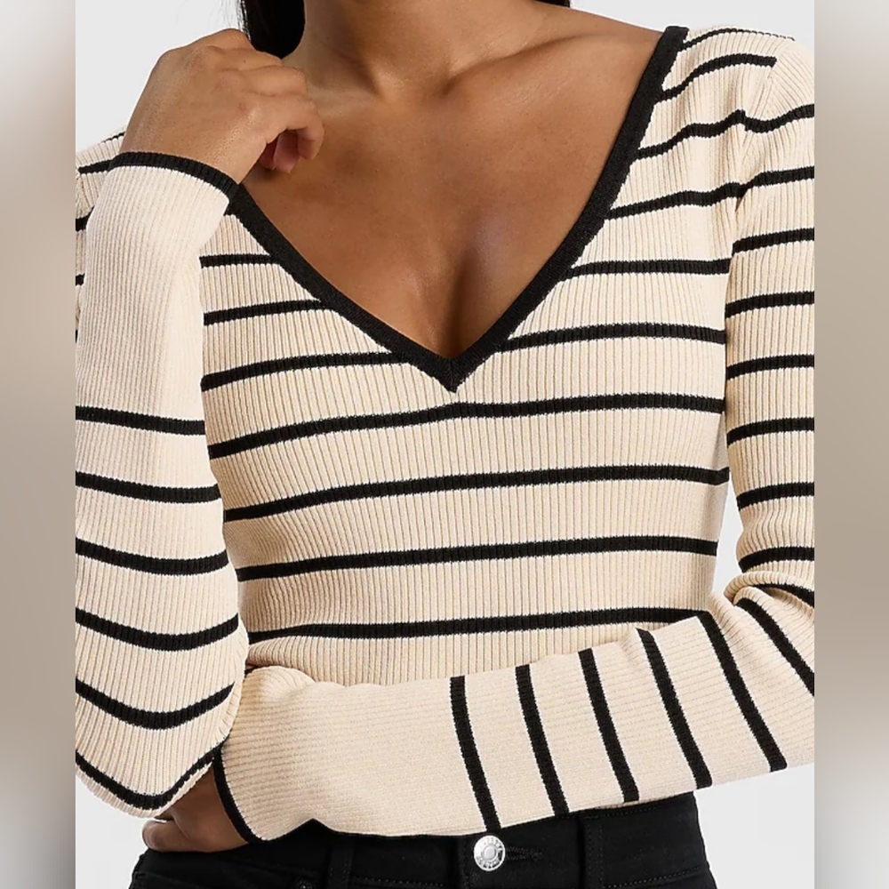 Express Striped V-Neck Sweater - Black and Cream NWT